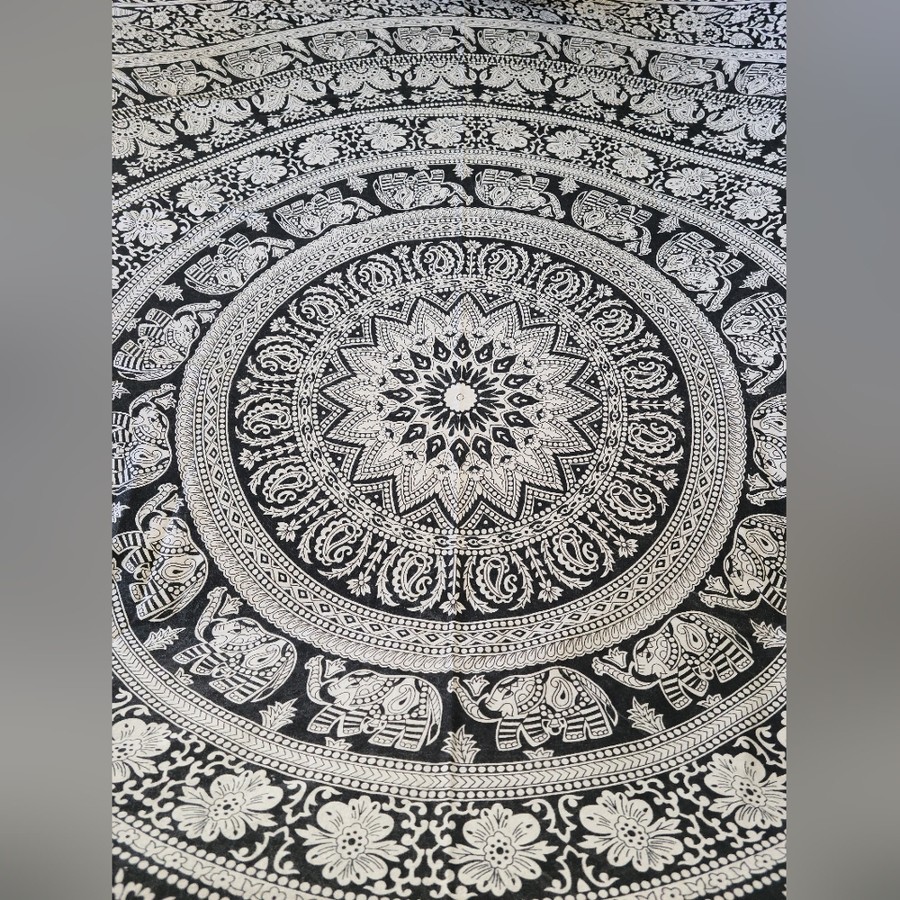 Bohemian Elephant Tablecloth Black White Cotton India Medallion